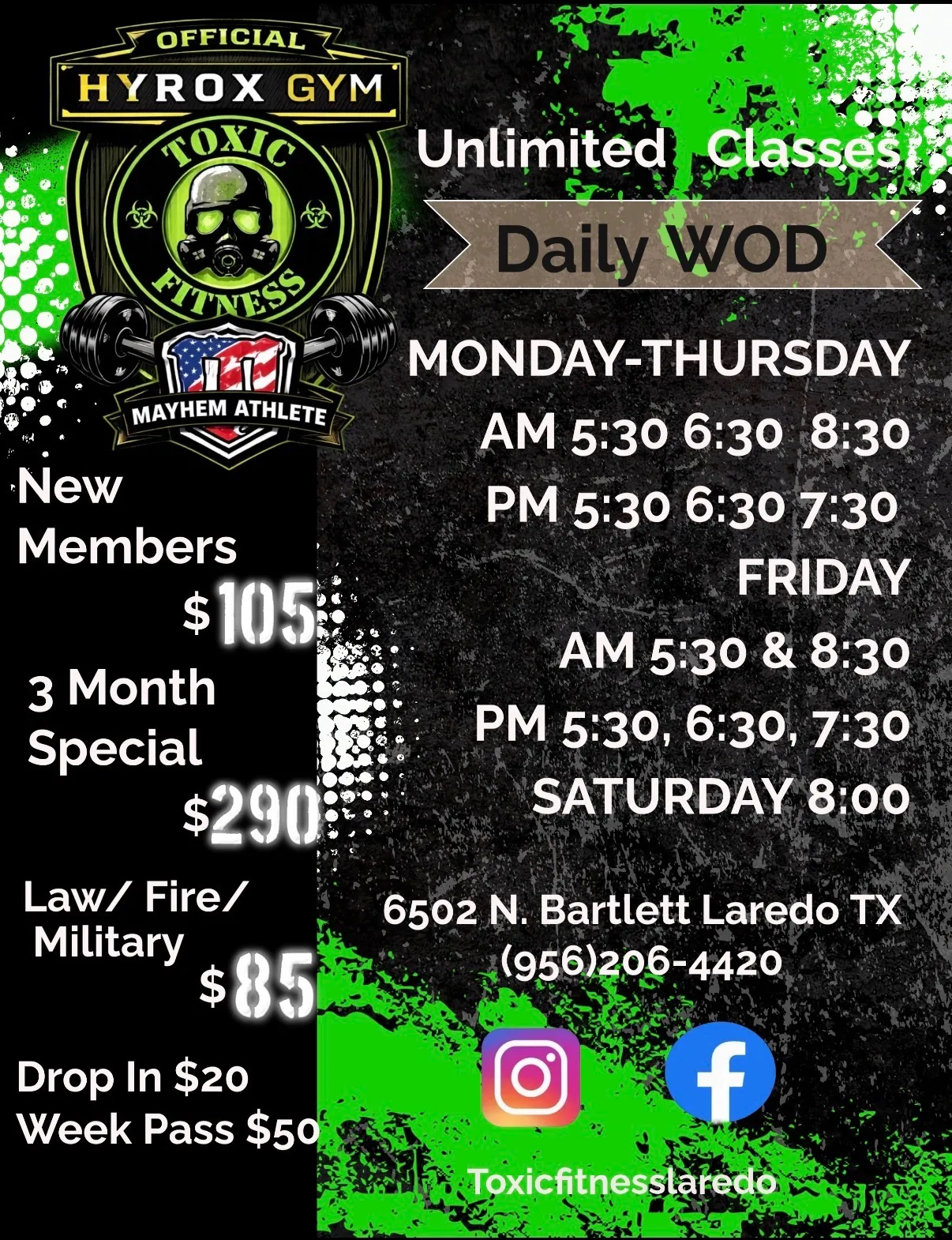 Toxic Fitness membership pricing and weekly class schedule